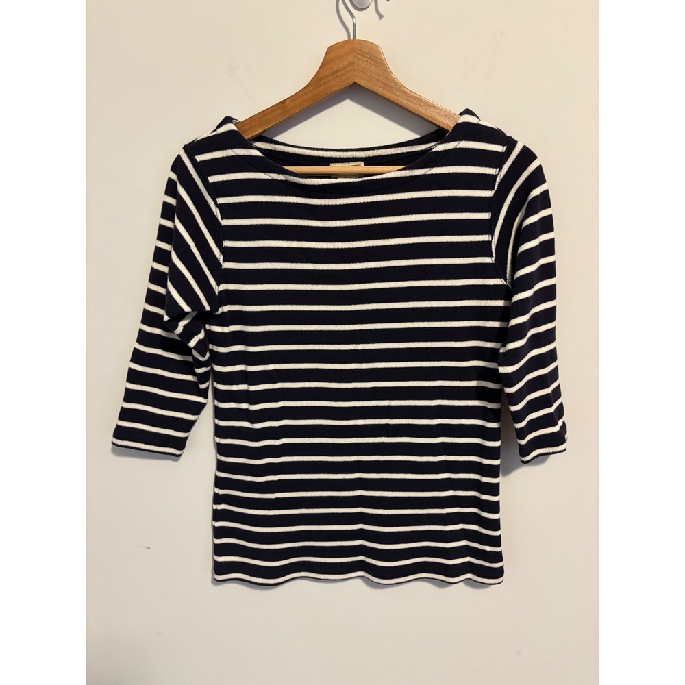 LL Bean Womens XS Navy Blue White Striped 100% Cotton Boatneck 3/4 Sleeve Top